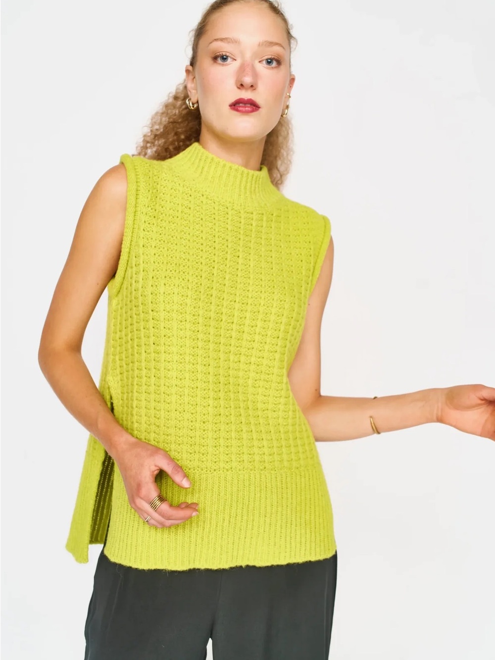 Sleeveless Cowl-Style Knit Vest in Lime